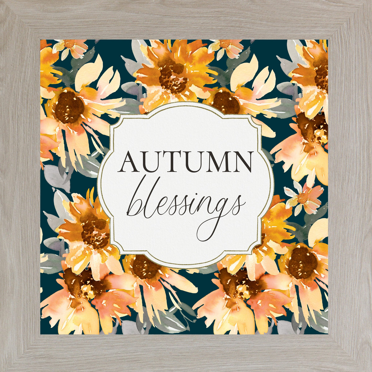 Autumn Blessings Wall Art – Navy Sunflower Fall Floral Square Farmhouse Framed Decor (SB307)