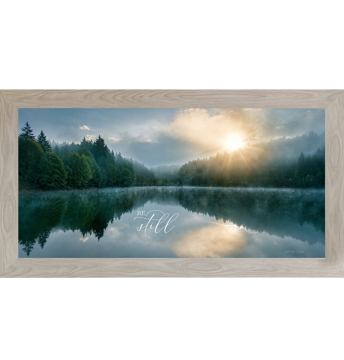 Be Still Wide Landscape Wall Art – Misty Lake Sunrise Christian Scripture Decor (SB765)