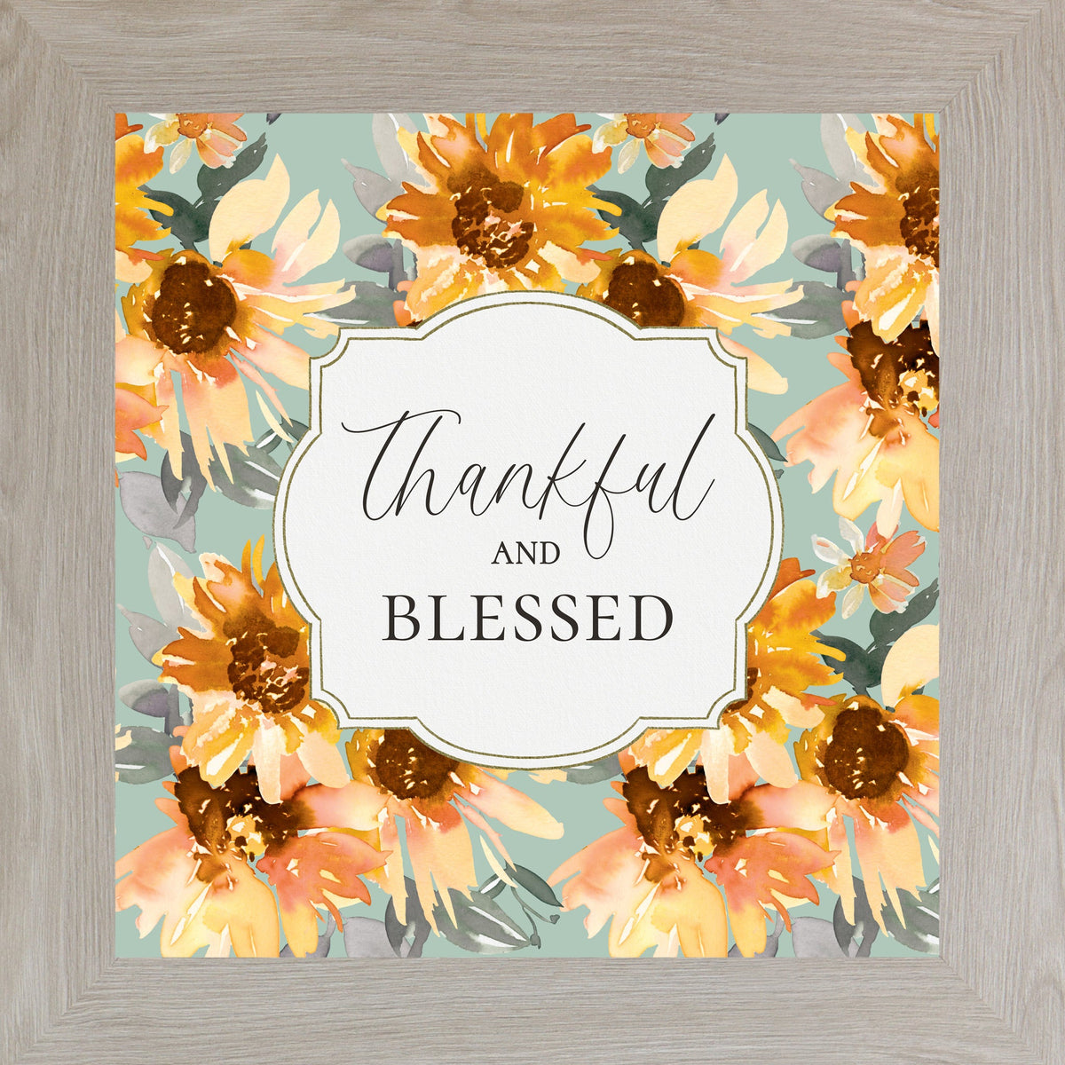 Thankful and Blessed Wall Art – Sage Sunflower Fall Floral Square Farmhouse Framed Decor (SB308)