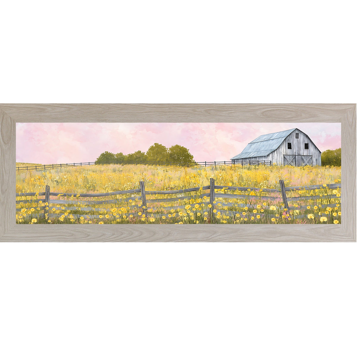 Yellow Wildflower Barn Wide Landscape Wall Art – Farmhouse Summer Scenic Panoramic Decor (SB950)