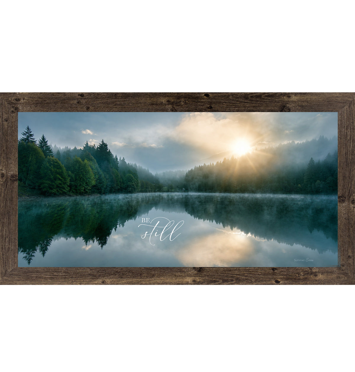 Be Still Wide Landscape Wall Art – Misty Lake Sunrise Christian Scripture Decor (SB765)
