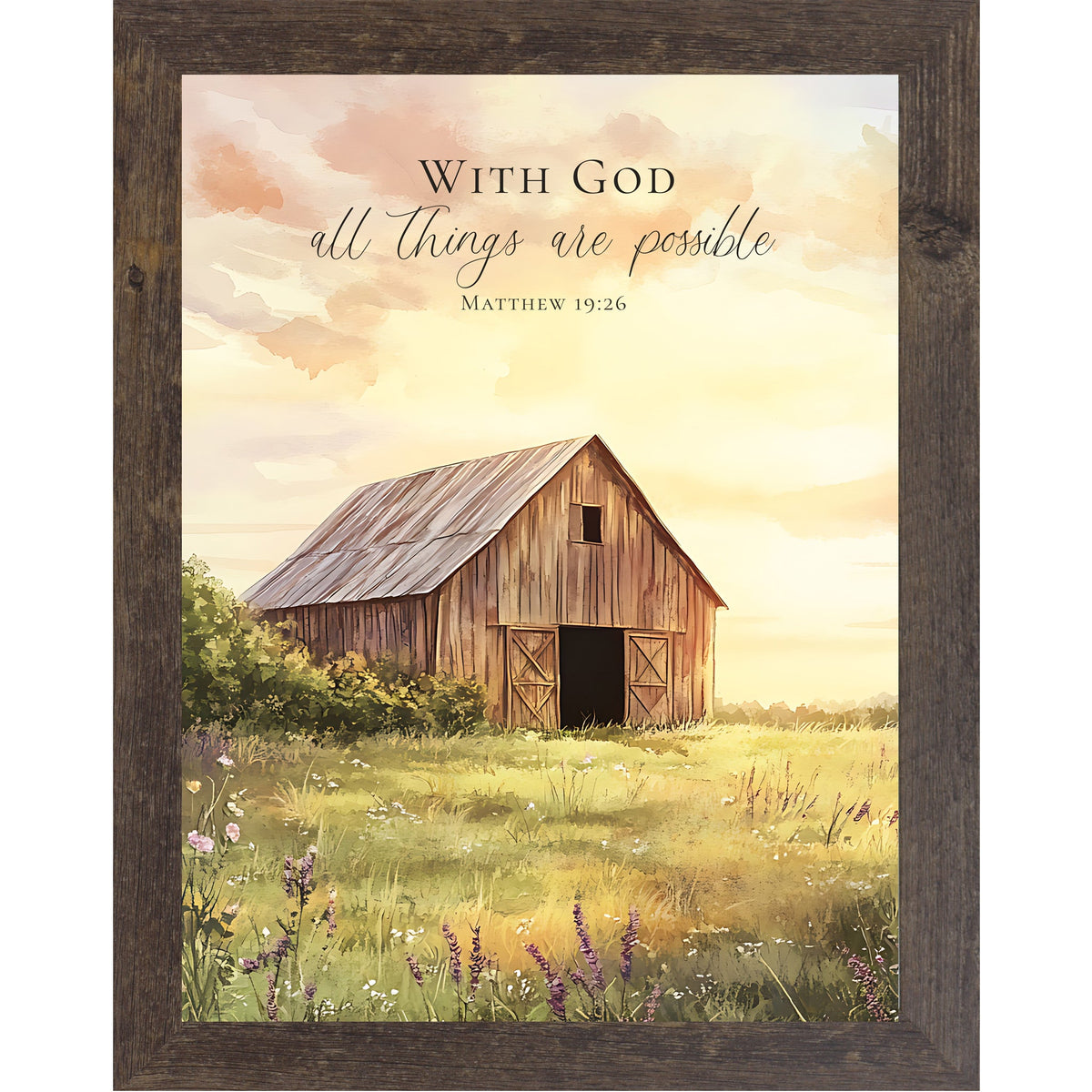 With God All Things Are Possible Wall Art – Matthew 19:26 Farmhouse Barn Sunrise Framed Decor (SB256)