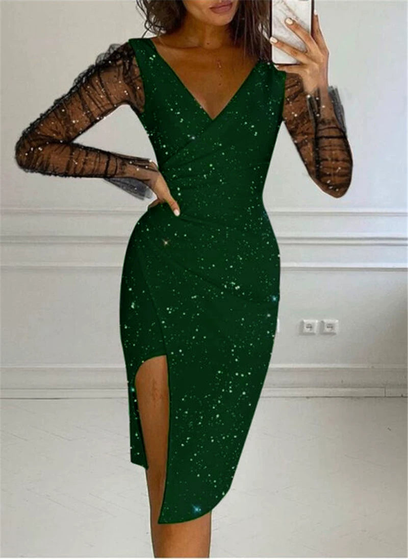 Women's Fashion Rhinestone V Neck Sheath Sexy Mesh Dress