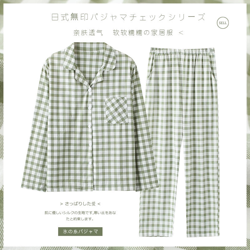 Cotton Couple Pajamas for Men and Women Spring and Autumn Pure Cotton Thin Plaid Long Sleeves Plus Size Outerwear