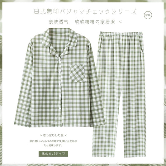 Cotton Couple Pajamas for Men and Women Spring and Autumn Pure Cotton Thin Plaid Long Sleeves Plus Size Outerwear