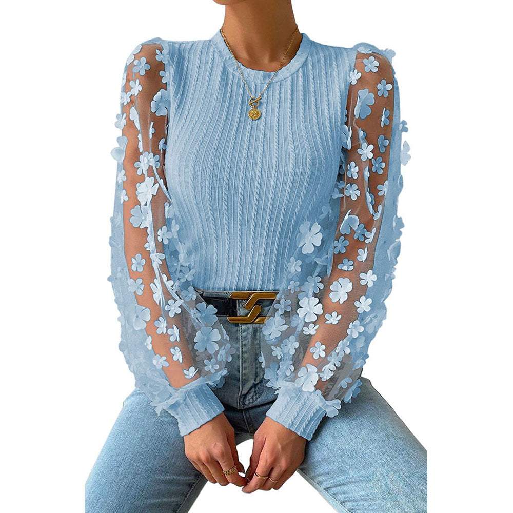 Women Fashion Blouse Mesh Long Sleeves Small Flower