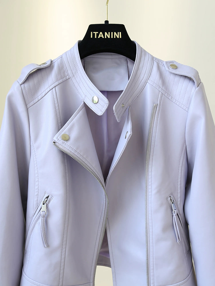 Short Stand-up Collar Slim-Fit Long-Sleeved Motorcycle Leather Coat