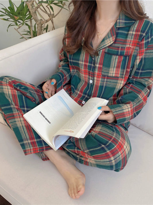 K-style Ins Spring & Fall Winter Christmas Plaid Cotton and Linen Pajamas Long Sleeves Pants Loose