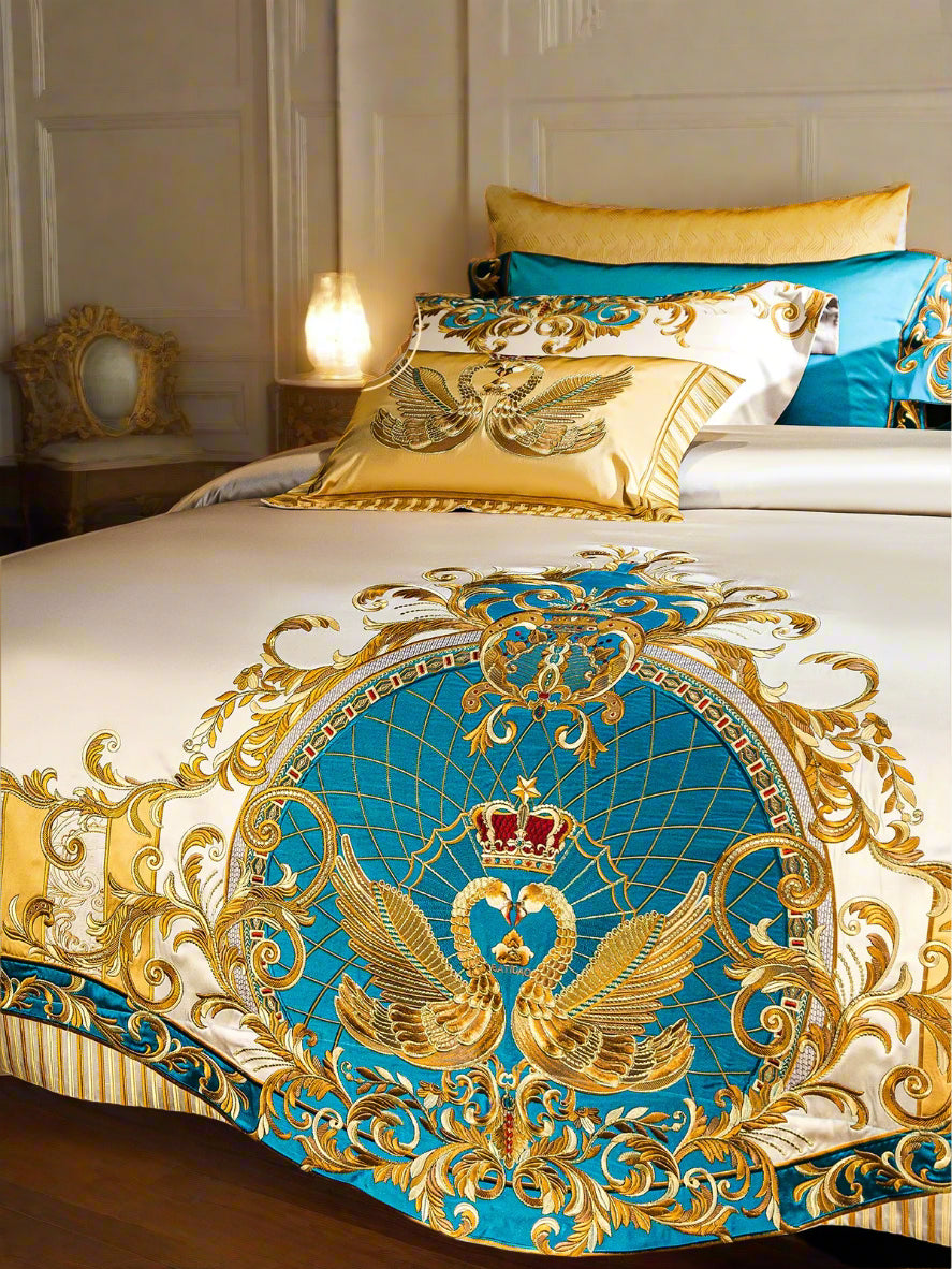 European High-End Pure Cotton Satin Luxury Embroidery Bedding Set 4 PCs Set / 10 PCs Set
