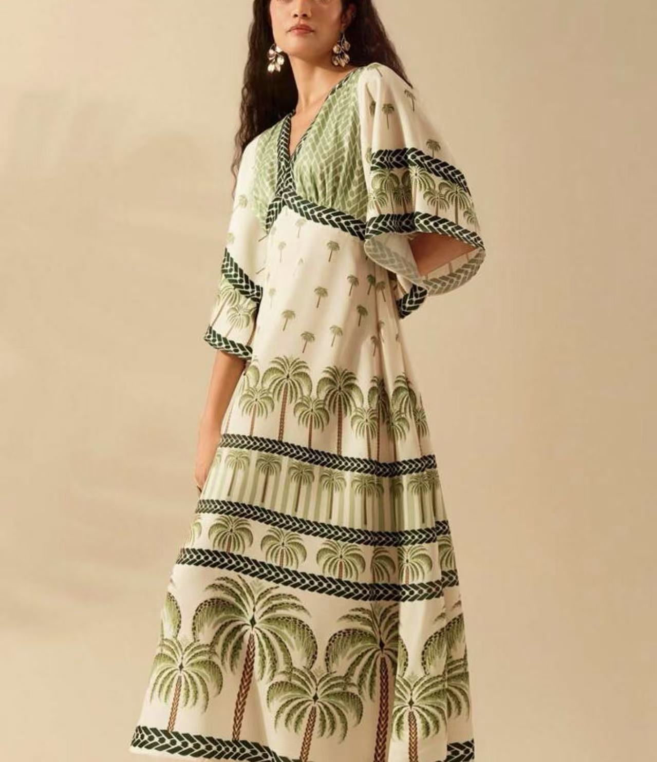 Women Summer Vintage Deep V Coconut Tree Print Flare Sleeve A-line Maxi Dress