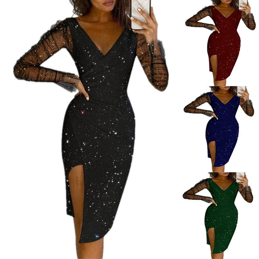 Women's Fashion Rhinestone V Neck Sheath Sexy Mesh Dress