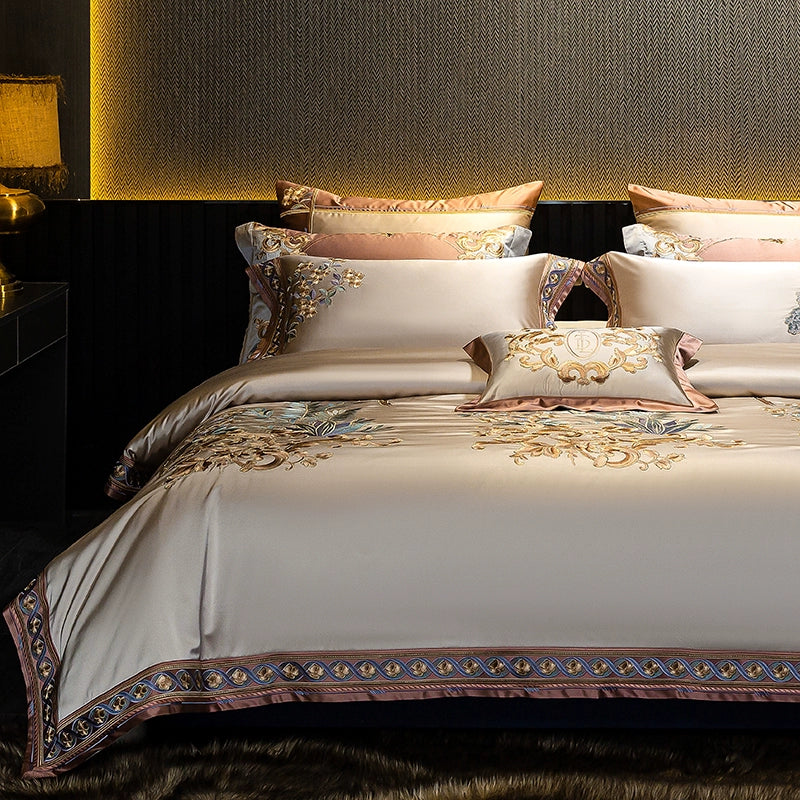 European Luxury Embroidery Palace Pure Cotton Satin Silk Bedding Set 6-10 PCs Set