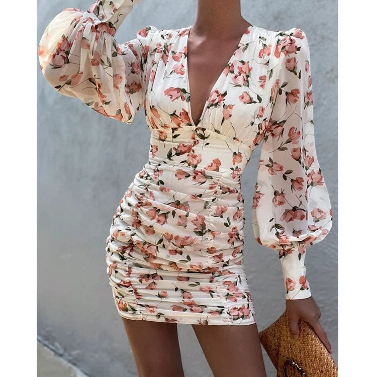 Elegant Lantern Sleeve V Neck Floral Skirt Women's Autumn Dress