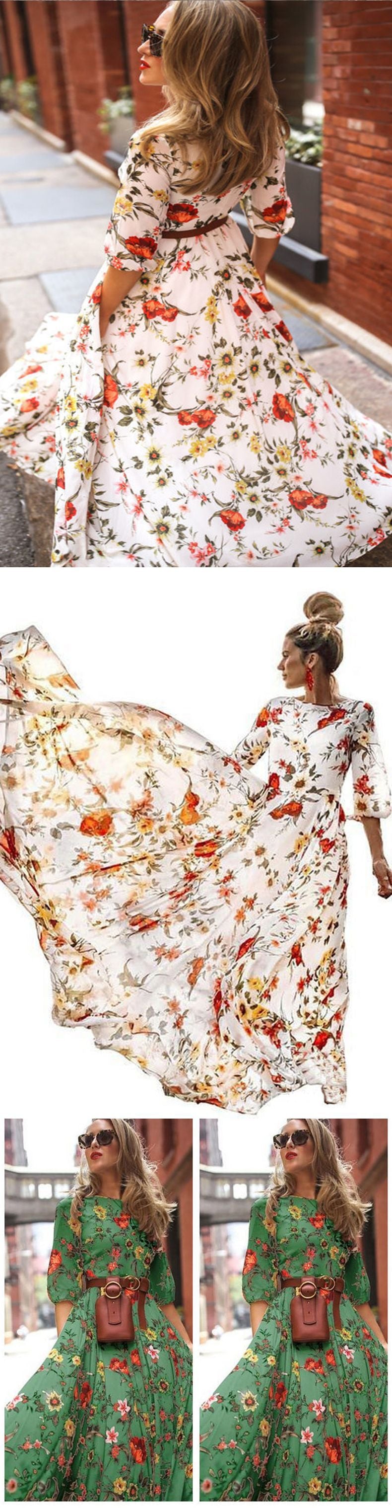 Elegant Spring Flower Long-Sleeved Maxi Dress