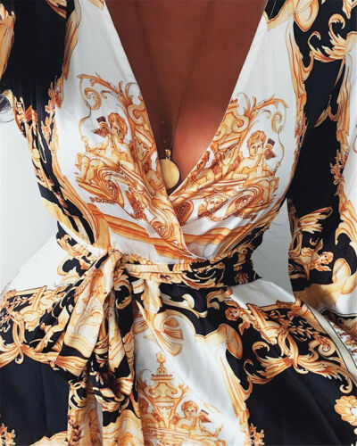 Elegant Print Maxi Dress V-neck Long Sleeve