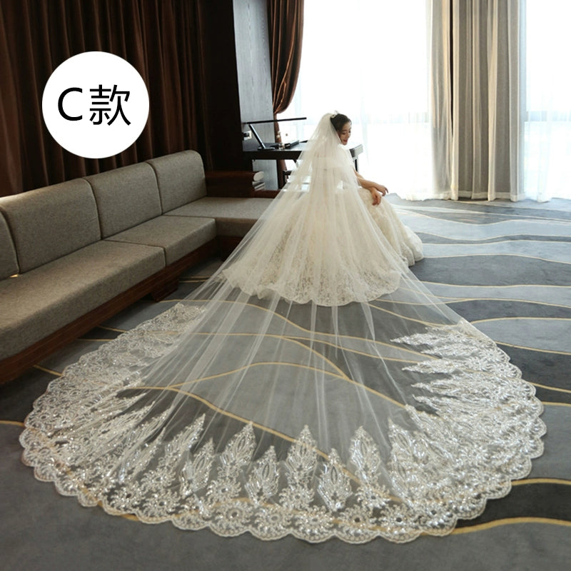 Super Long Tail White Lace Premium Wedding Veil
