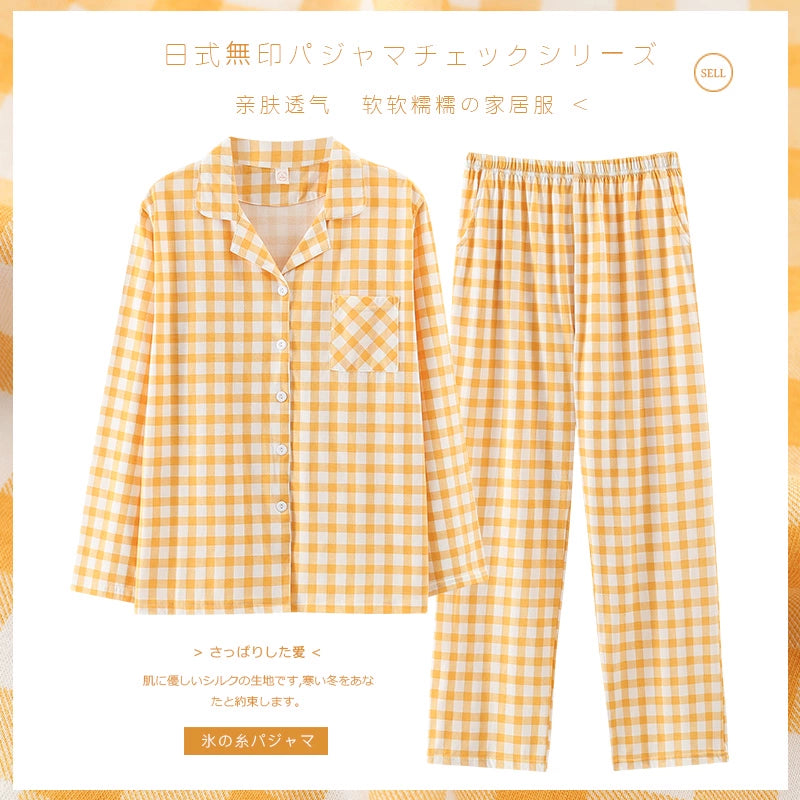 Cotton Couple Pajamas for Men and Women Spring and Autumn Pure Cotton Thin Plaid Long Sleeves Plus Size Outerwear