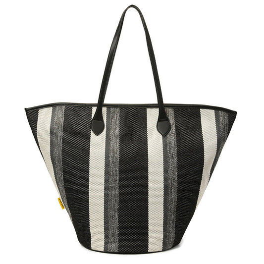 Trendy Canvas Shoulder Tote – Fashion Stripe Large Handbag, Casual Weekender Shopper