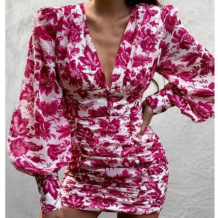 Elegant Lantern Sleeve V Neck Floral Skirt Women's Autumn Dress