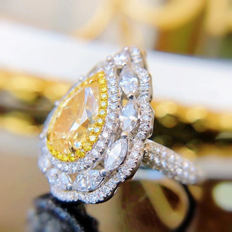 Yellow Diamond Retro Ring Fully-Inlaid Ascut Pear-Shaped