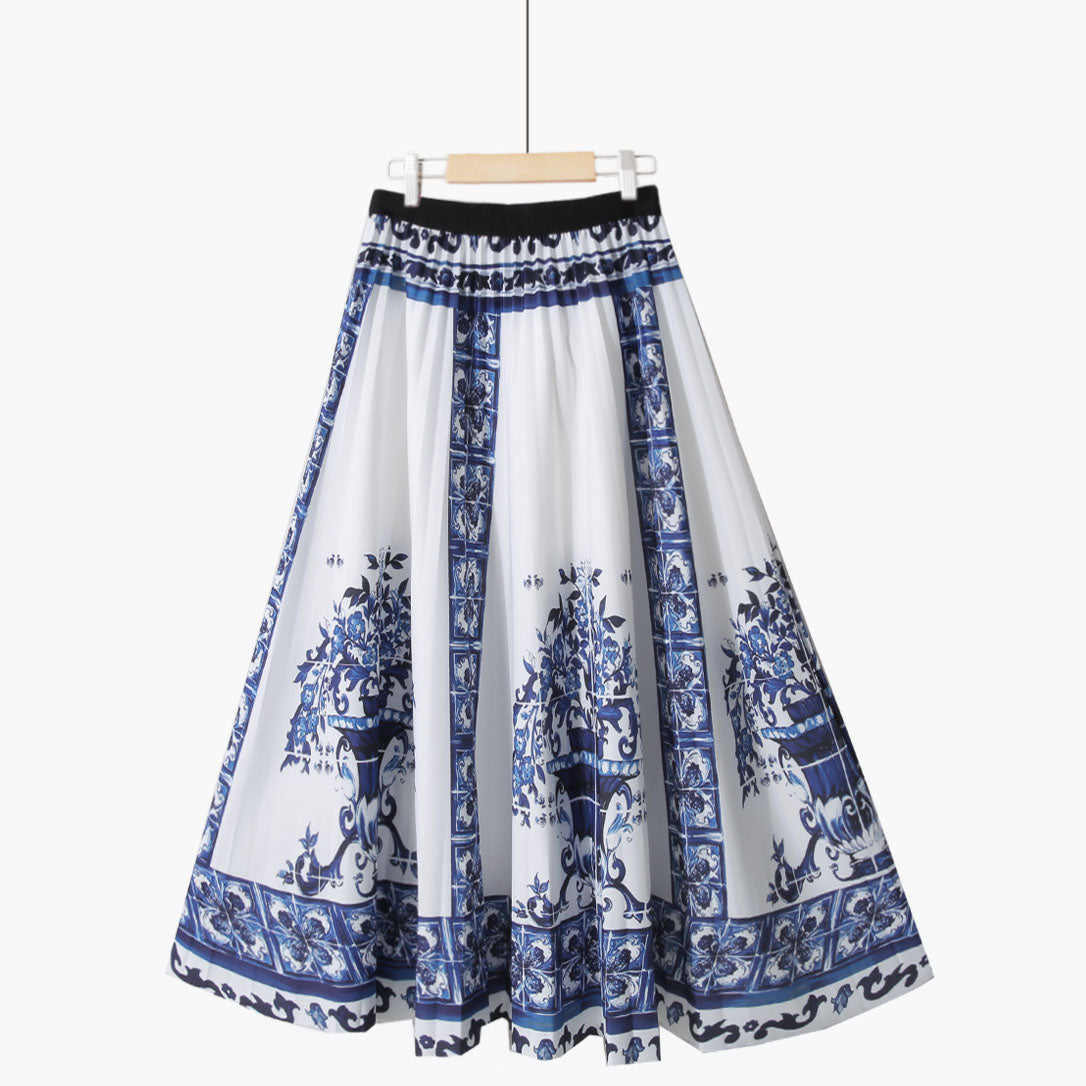 Summer Retro Blue and White Porcelain Printed Mid Length Pleated Skirt