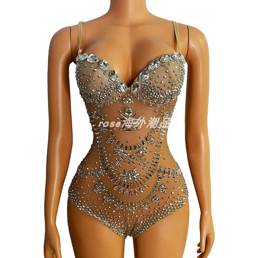 Rhinestone Diamond Ultra Short Bra Collar Jumpsuits