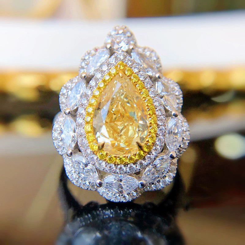 Yellow Diamond Retro Ring Fully-Inlaid Ascut Pear-Shaped