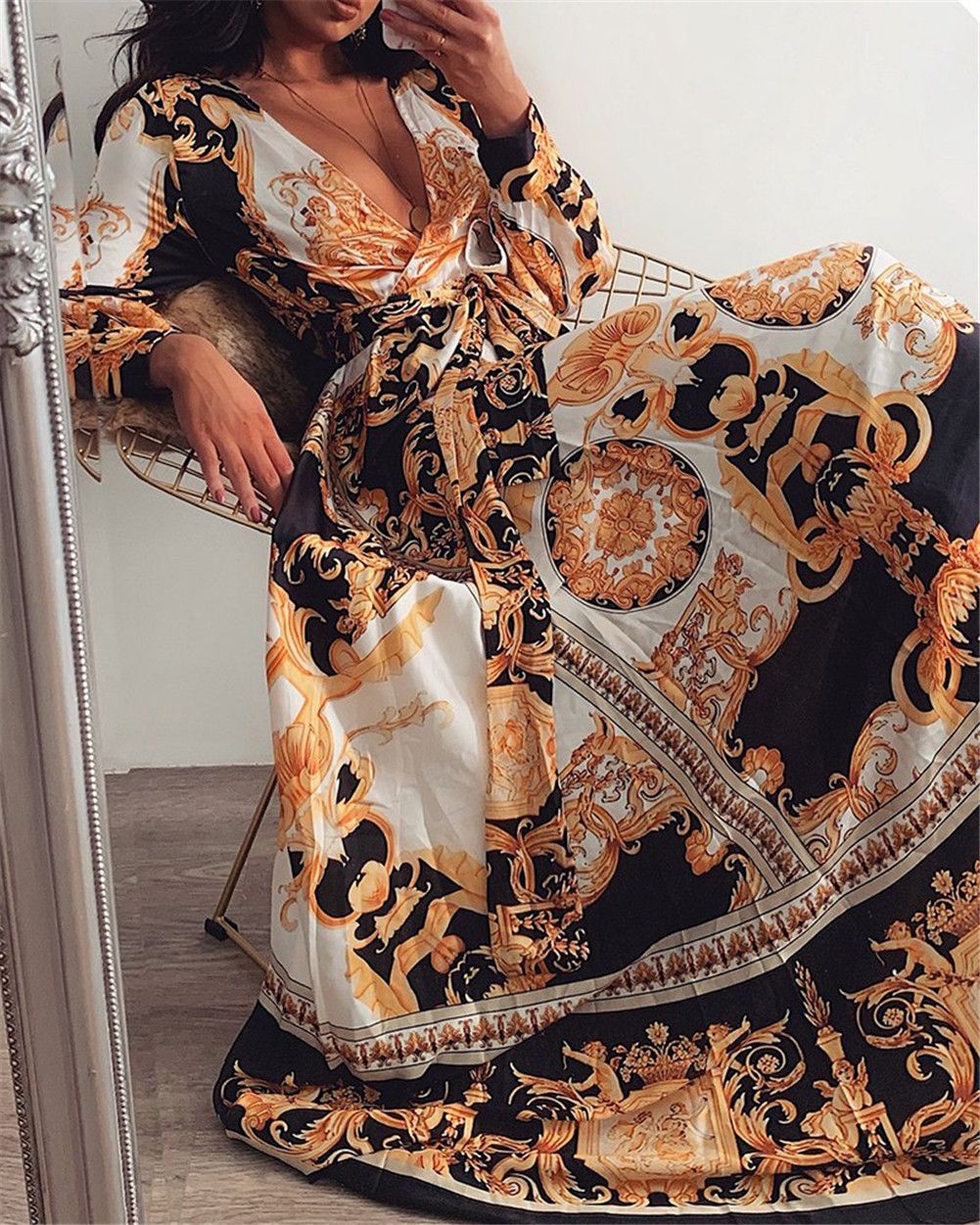 Elegant Print Maxi Dress V-neck Long Sleeve
