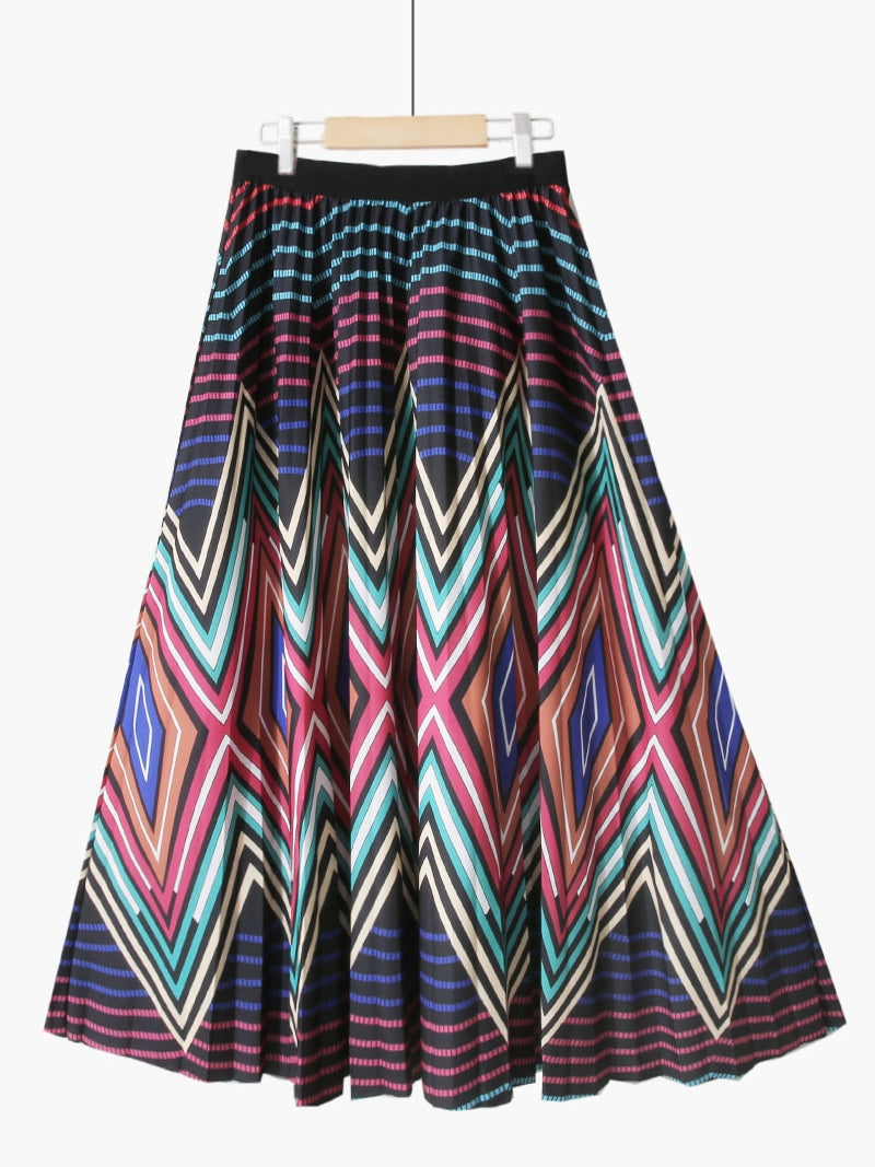 Summer Retro Blue and White Porcelain Printed Mid Length Pleated Skirt