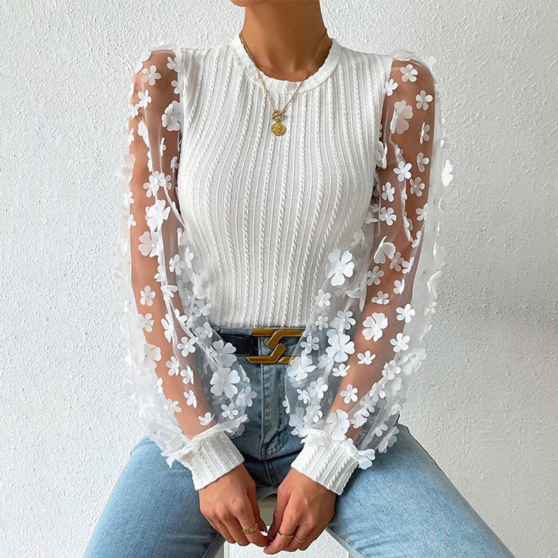 Women Fashion Blouse Mesh Long Sleeves Small Flower
