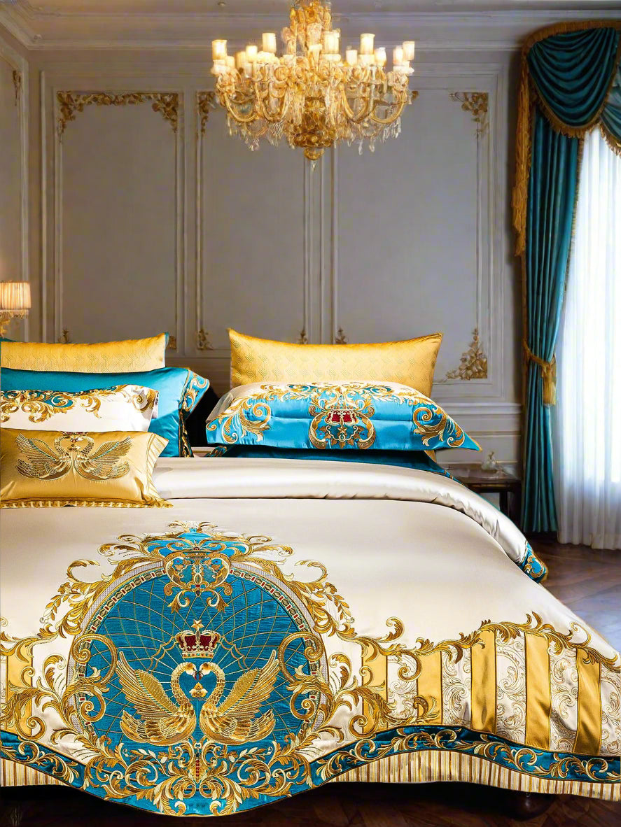 European High-End Pure Cotton Satin Luxury Embroidery Bedding Set 4 PCs Set / 10 PCs Set