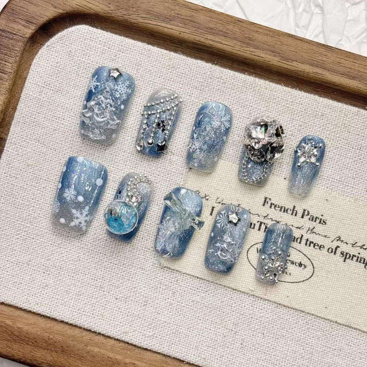 Blue snowflake autumn and winter Christmas handmade short almond pure handmade nail art