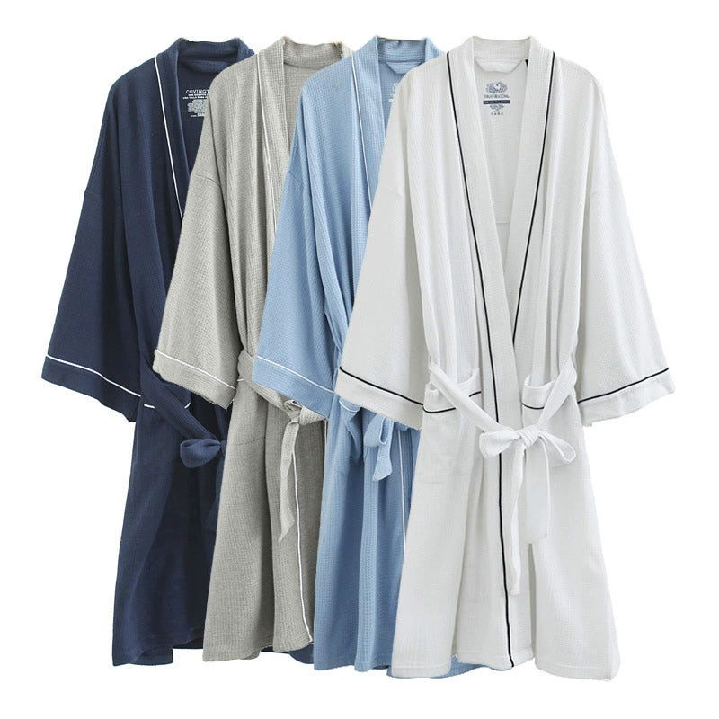 Hotel Bathrobe Men's and Women's Couple Pure Cotton Waffle Bathrobe Soft Long Bathrobe Hot Spring Nightgown with plus Size