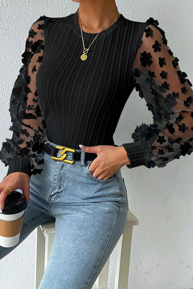 Women Fashion Blouse Mesh Long Sleeves Small Flower
