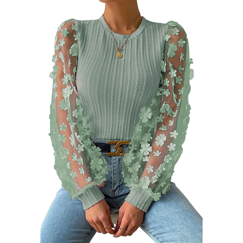 Women Fashion Blouse Mesh Long Sleeves Small Flower