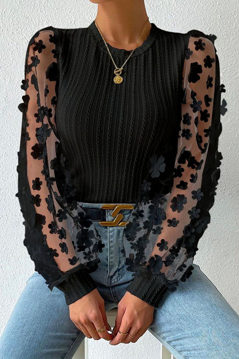 Women Fashion Blouse Mesh Long Sleeves Small Flower