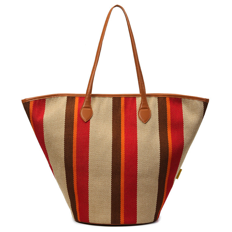 Trendy Canvas Shoulder Tote – Fashion Stripe Large Handbag, Casual Weekender Shopper