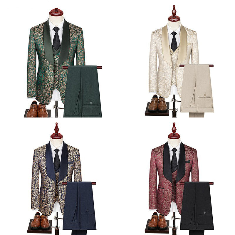 Classy Men's Three-Piece Suit Set Pattern K-style Host Performance Dress Wedding Groom Clothing
