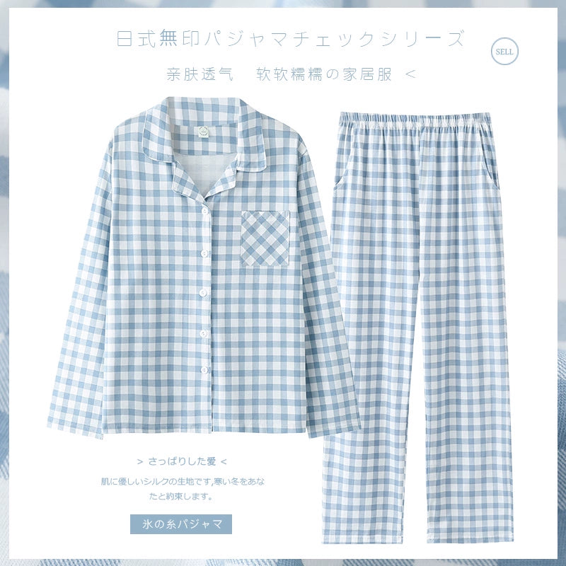 Cotton Couple Pajamas for Men and Women Spring and Autumn Pure Cotton Thin Plaid Long Sleeves Plus Size Outerwear