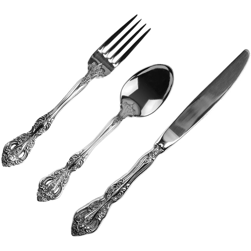 European Style Vintage Engraving 18-10 Stainless Steel Western Food Knife and Fork Tableware Set Full Set Knife, Fork and Spoon Household Three-Piece Set