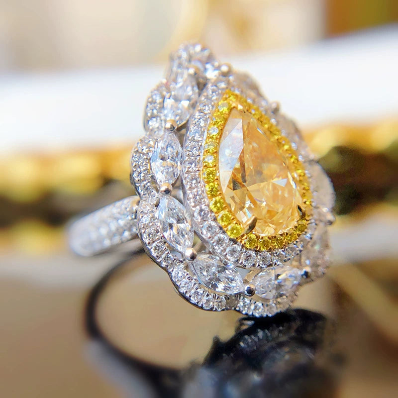 Yellow Diamond Retro Ring Fully-Inlaid Ascut Pear-Shaped