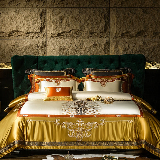 European High-End Pure Cotton Satin Luxury Embroidery Bedding Set 4 PCs Set / 10 PCs Set