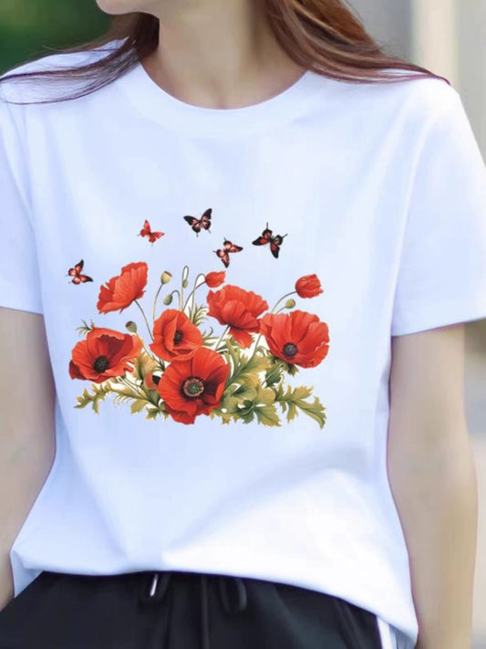 Butterfly Flower Summer Short Sleeve T-shirts Casual Thin Print