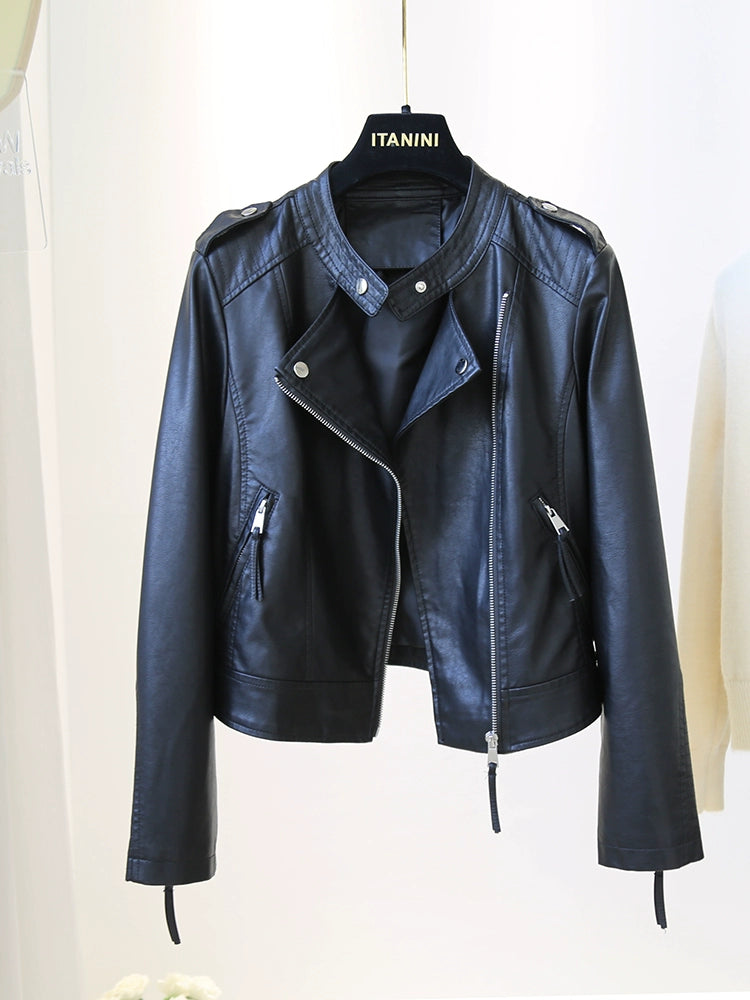 Short Stand-up Collar Slim-Fit Long-Sleeved Motorcycle Leather Coat