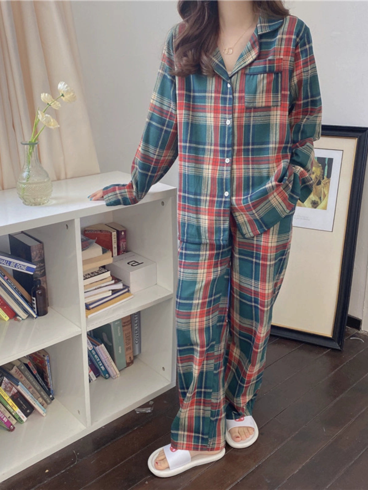 K-style Ins Spring & Fall Winter Christmas Plaid Cotton and Linen Pajamas Long Sleeves Pants Loose
