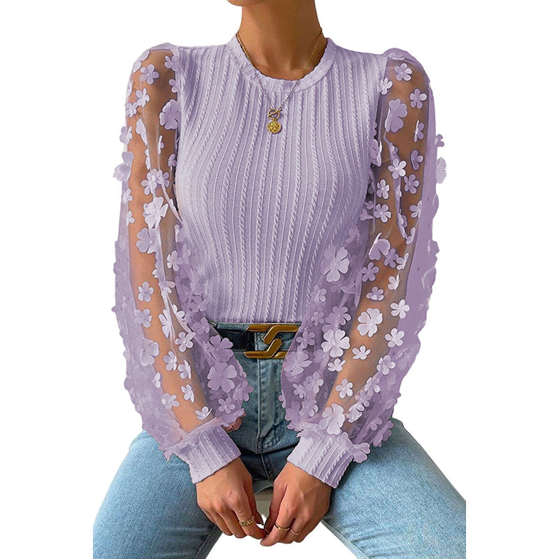 Women Fashion Blouse Mesh Long Sleeves Small Flower