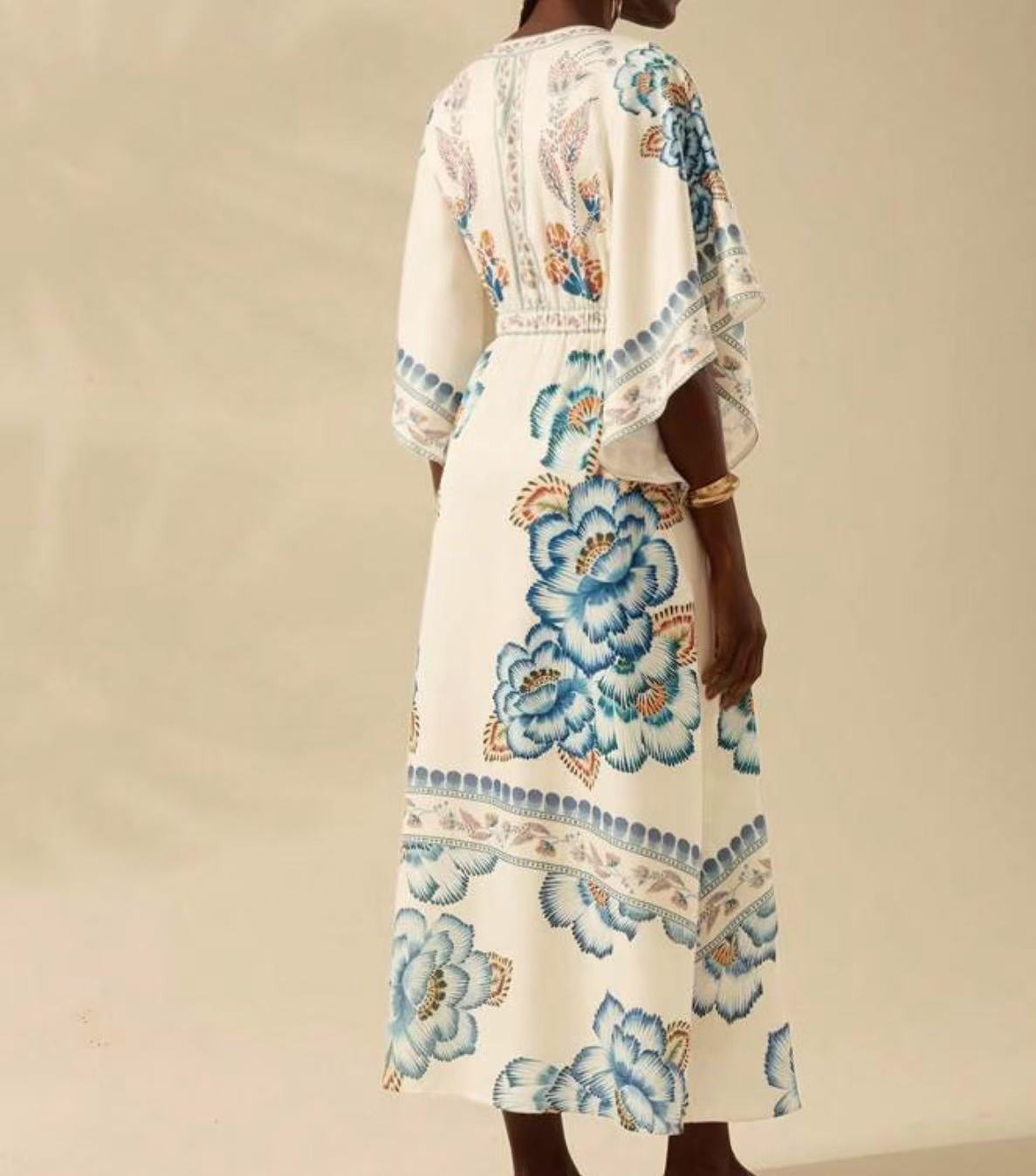 Women Summer Vintage Deep V Coconut Tree Print Flare Sleeve A-line Maxi Dress