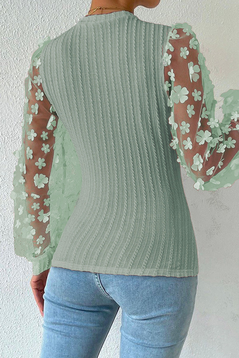 Women Fashion Blouse Mesh Long Sleeves Small Flower
