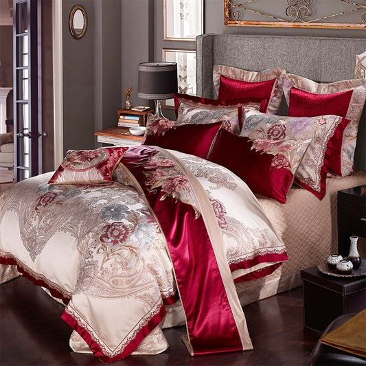 European Luxury Pure Cotton Satin Embroidery Bedding 4-10 Piece Set