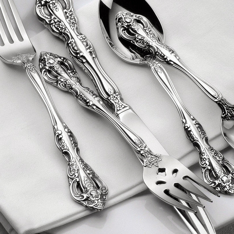 European Style Vintage Engraving 18-10 Stainless Steel Western Food Knife and Fork Tableware Set Full Set Knife, Fork and Spoon Household Three-Piece Set